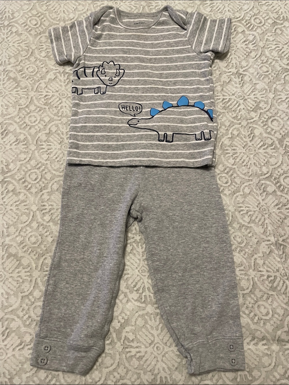 Carter's Gray and White Striped Dinosaur Set with Blue Spikes